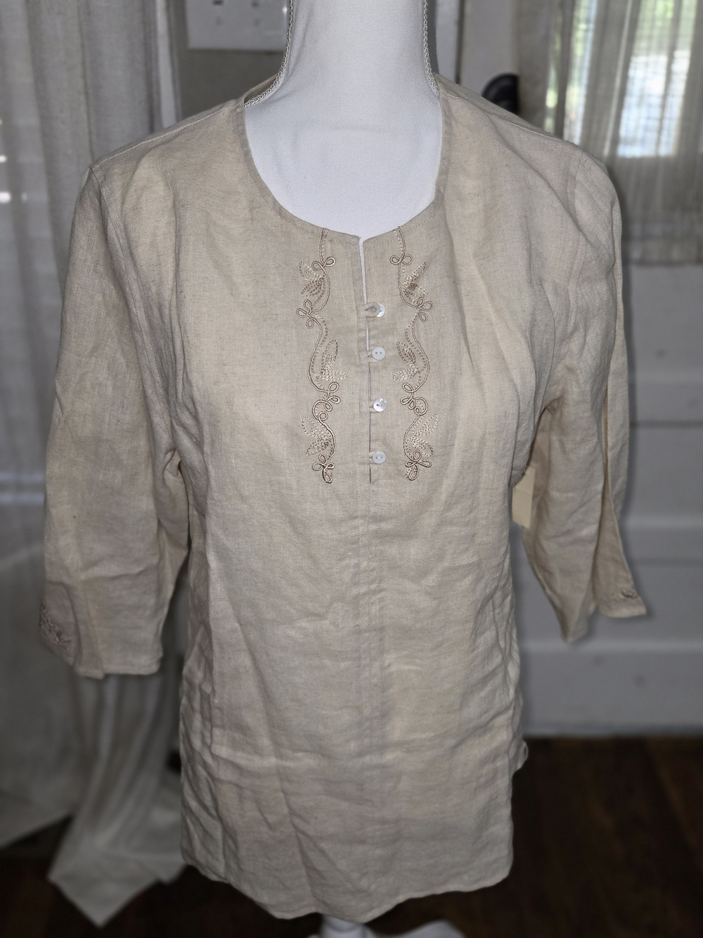 Amanda Smith Natural Beige Embroidered Linen Tunic